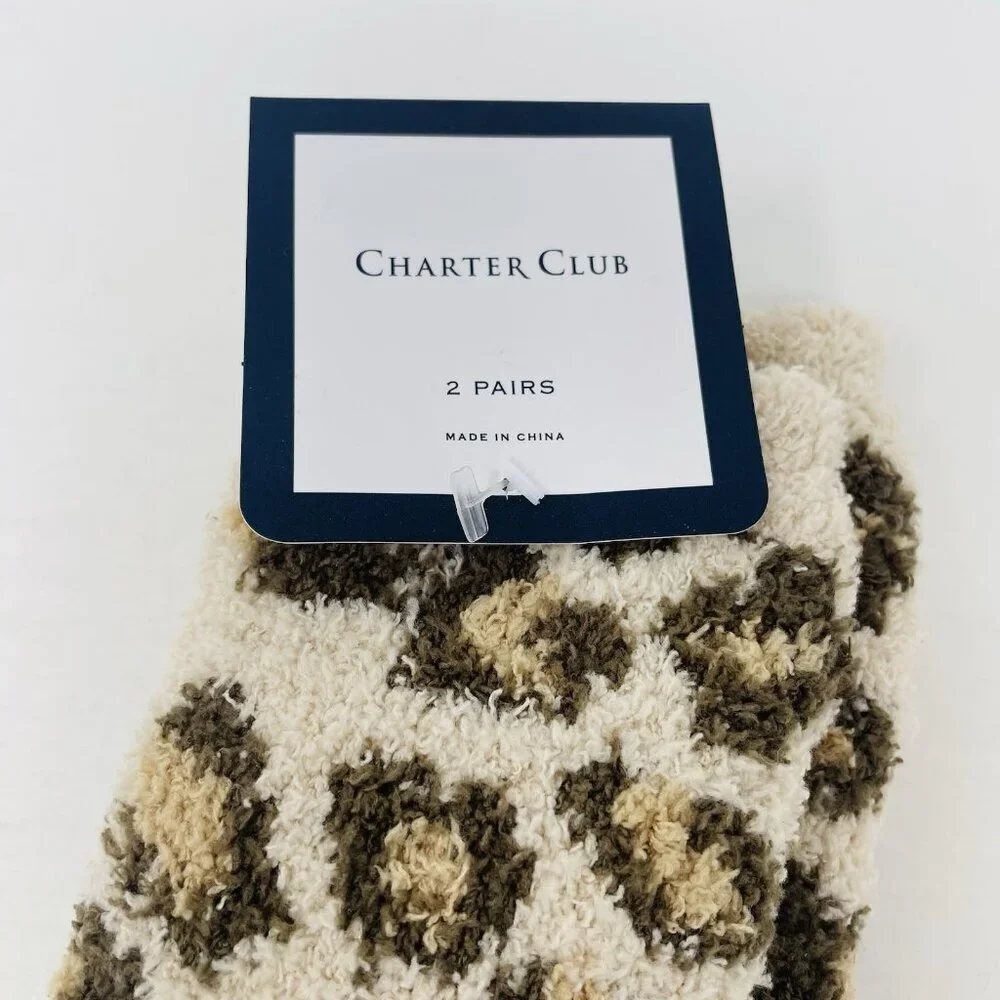 Charter‎ Club Womens One Size Fits Most Leopard Animal Print Fuzzy Butter Socks